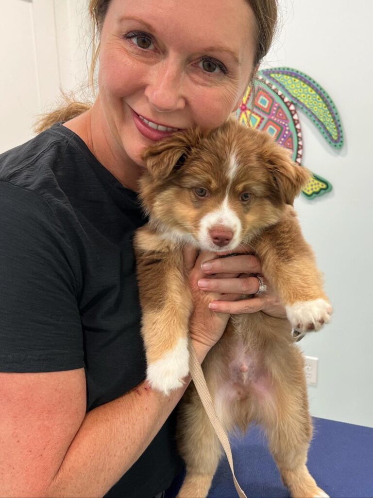 Jess holding Byron, her Mini Australian Shepherd puppy