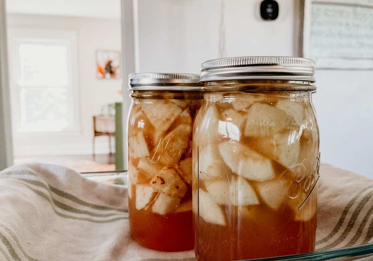 Jars of apples steeping in vinegar and sugar to make shrub syrup