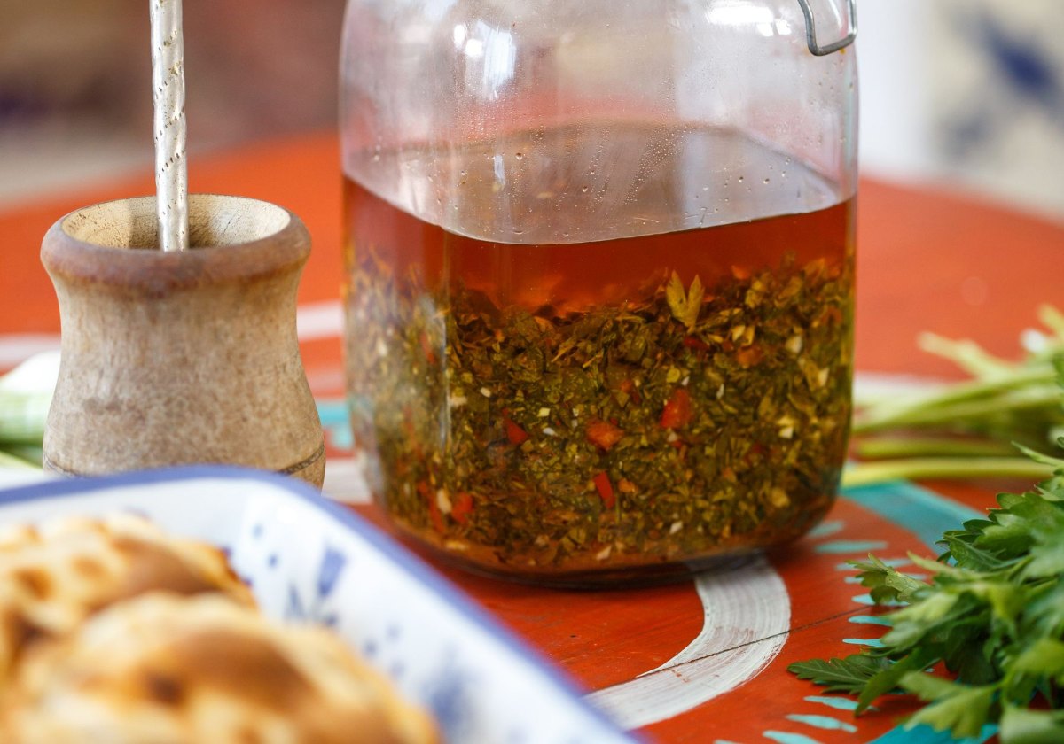 A jar of homemade chimichurri made with fresh parsley