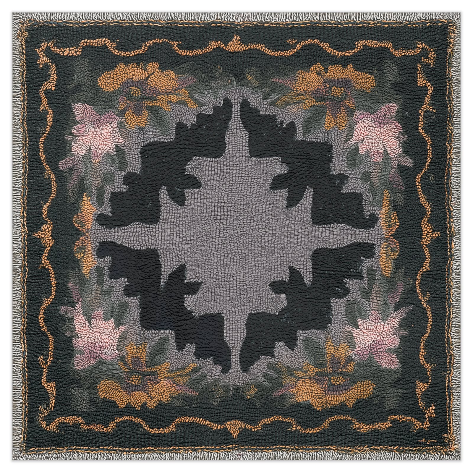 Noli June Sue Dabbled in Spellwork spider mahjong mat with blush and plum blooms on an inky background