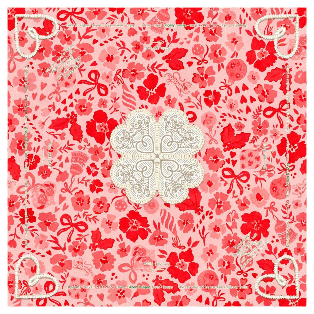 Tigre de Tartan Ditsy Christmas mahjong mat in Maraschino with red and pink florals, bows and hearts