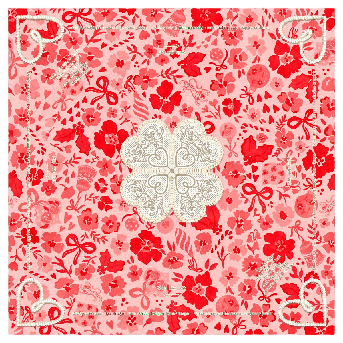 Tigre de Tartan Ditsy Christmas mahjong mat in Maraschino with red and pink florals, bows and hearts
